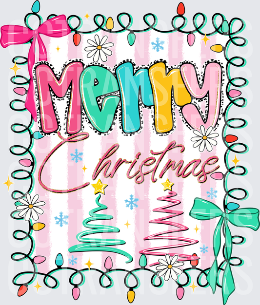 Merry Christmas Retro Lights Bows Pink Stripe Trees (DTF)