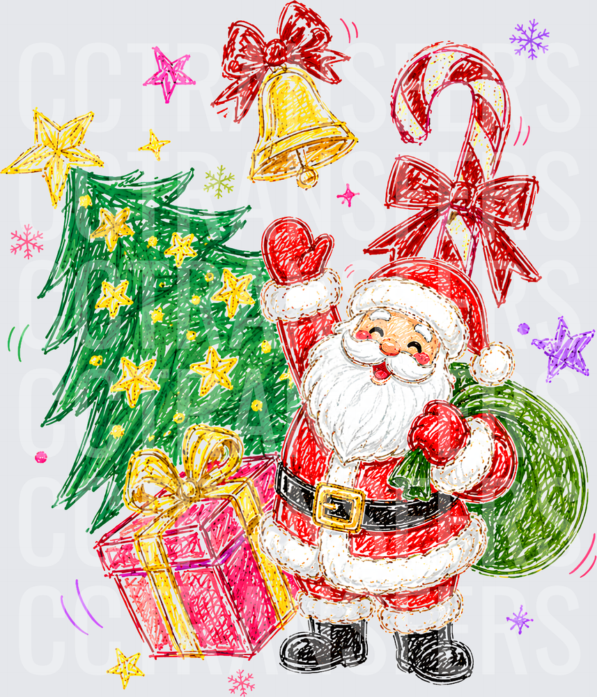 Crayon Sketch Santa with Tree Bells Candy Canes Gifts (DTF)