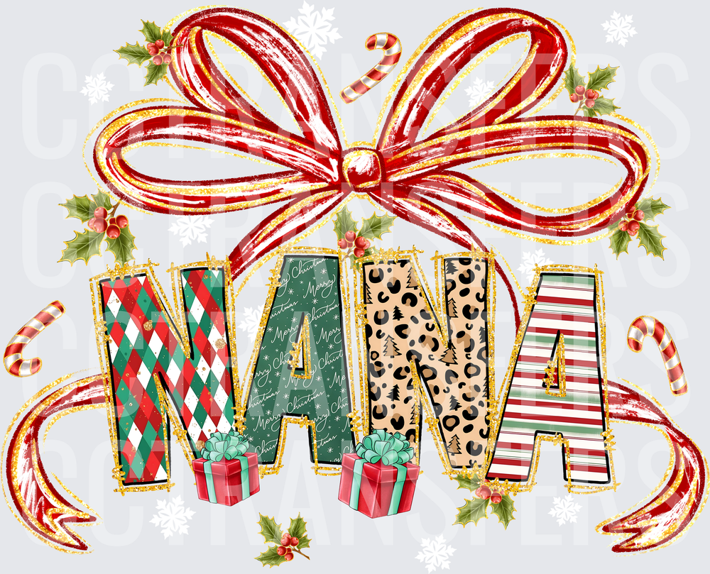 Nana Christmas Bow Holly Leopard Plaid Stripe Letters (DTF)