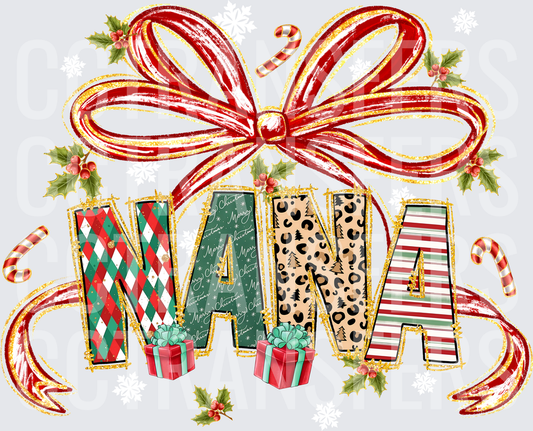 Nana Christmas Bow Holly Leopard Plaid Stripe Letters (DTF)
