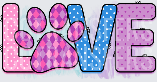 LOVE Paw Print Polka Dot Argyle Colorful Letters (DTF)