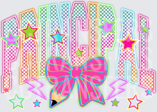 Retro Checkered Principal Bow Stars Lightning Bolt (DTF)