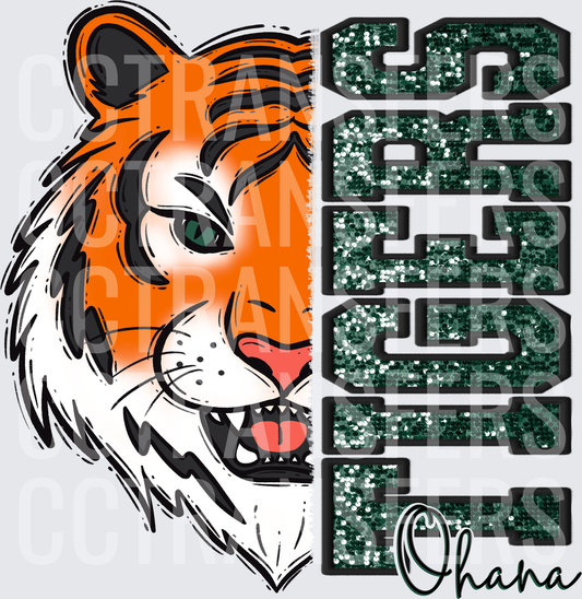 Half Tiger Face Green Glitter Tigers Mascot (DTF)