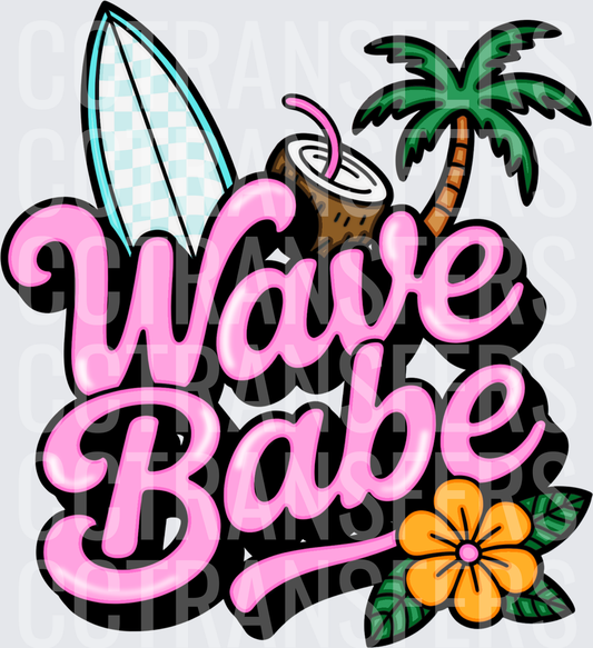 Wave Babe Tropical Surf Beach Retro Pink Script (DTF)