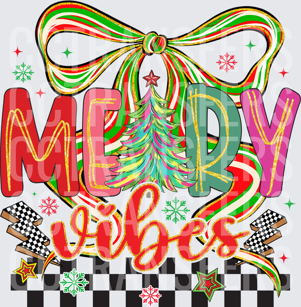 Merry Vibes Christmas Tree Bow Checkered Holiday (DTF)