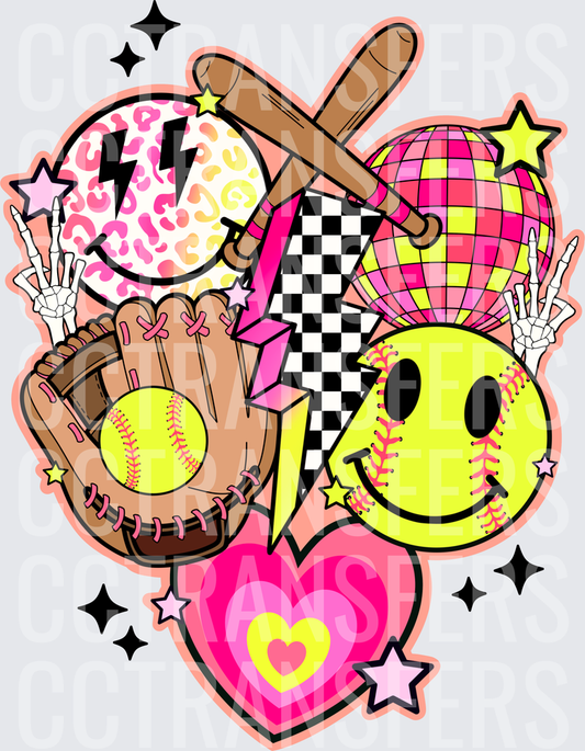 Retro Softball Glove Bat Disco Ball Smiley Heart Collage (DTF)