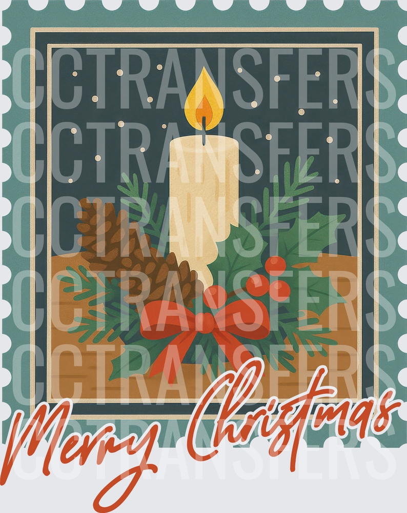 Merry Christmas Vintage Postage Stamp Candle Holly (DTF)