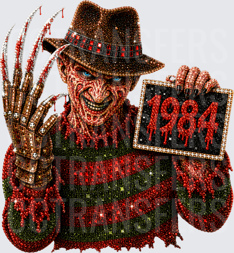 Rhinestone Horror Slasher Villain Holding 1984 Sign (DTF)