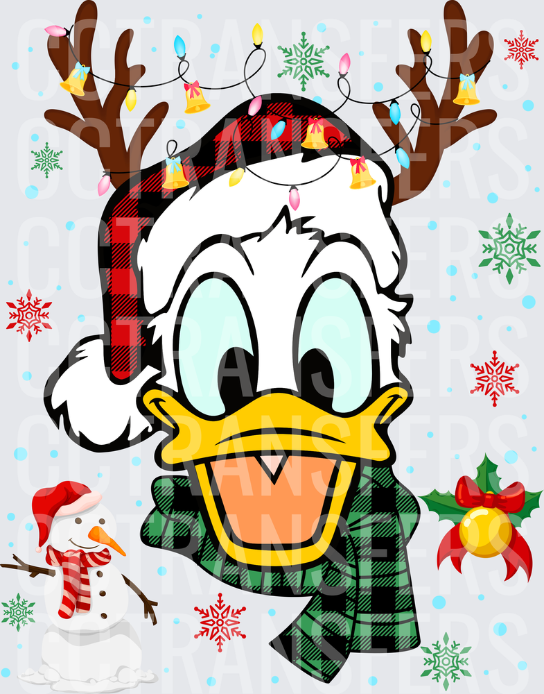 Cartoon Duck Christmas Reindeer Antlers Plaid Hat Snowflakes (DTF)