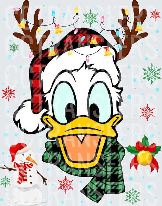 Cartoon Duck Christmas Reindeer Antlers Plaid Hat Snowflakes (DTF)