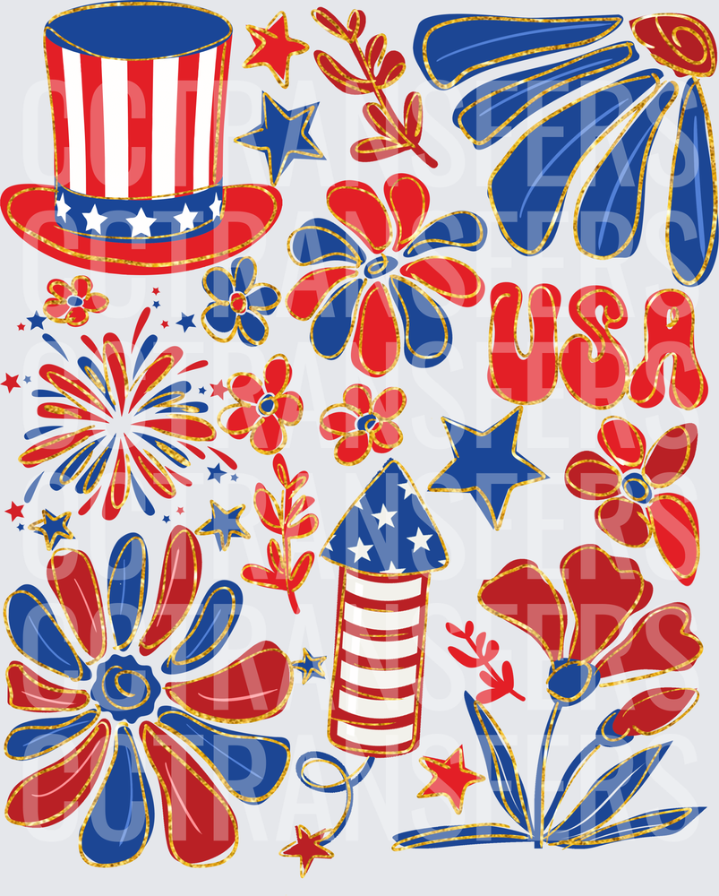 Patriotic USA Floral Stars Fireworks Uncle Sam Hat (DTF)