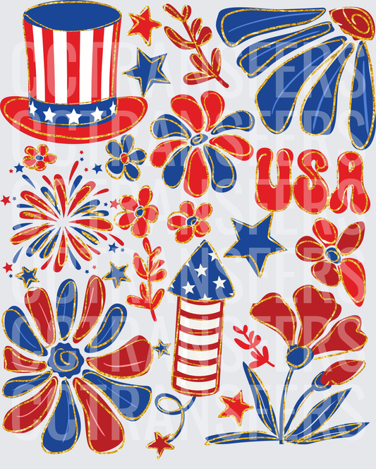 Patriotic USA Floral Stars Fireworks Uncle Sam Hat (DTF)