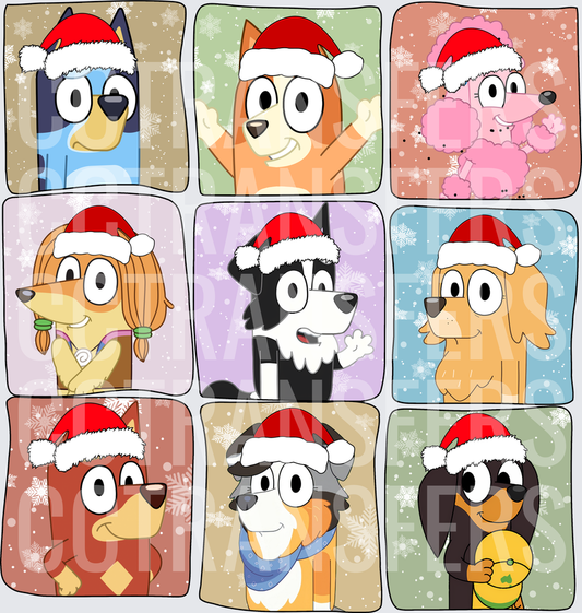 Cartoon Dog Friends Christmas Santa Hat Holiday Grid (DTF)