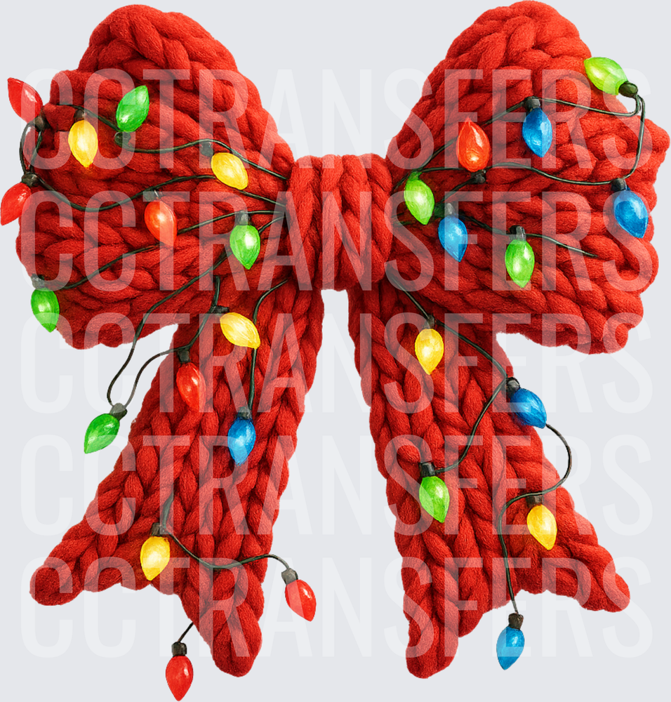 Red Chunky Knit Bow Wrapped in Colorful Christmas Lights (DTF)