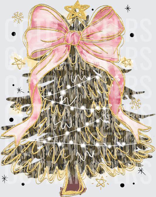 Camo Christmas Tree Pink Bow Gold Glitter Star Lights (DTF)