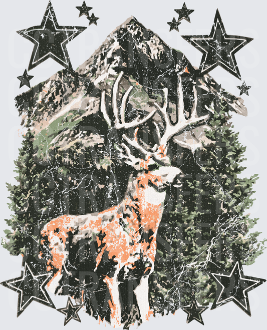 Vintage Distressed Bull Elk Mountain Forest Stars (DTF)