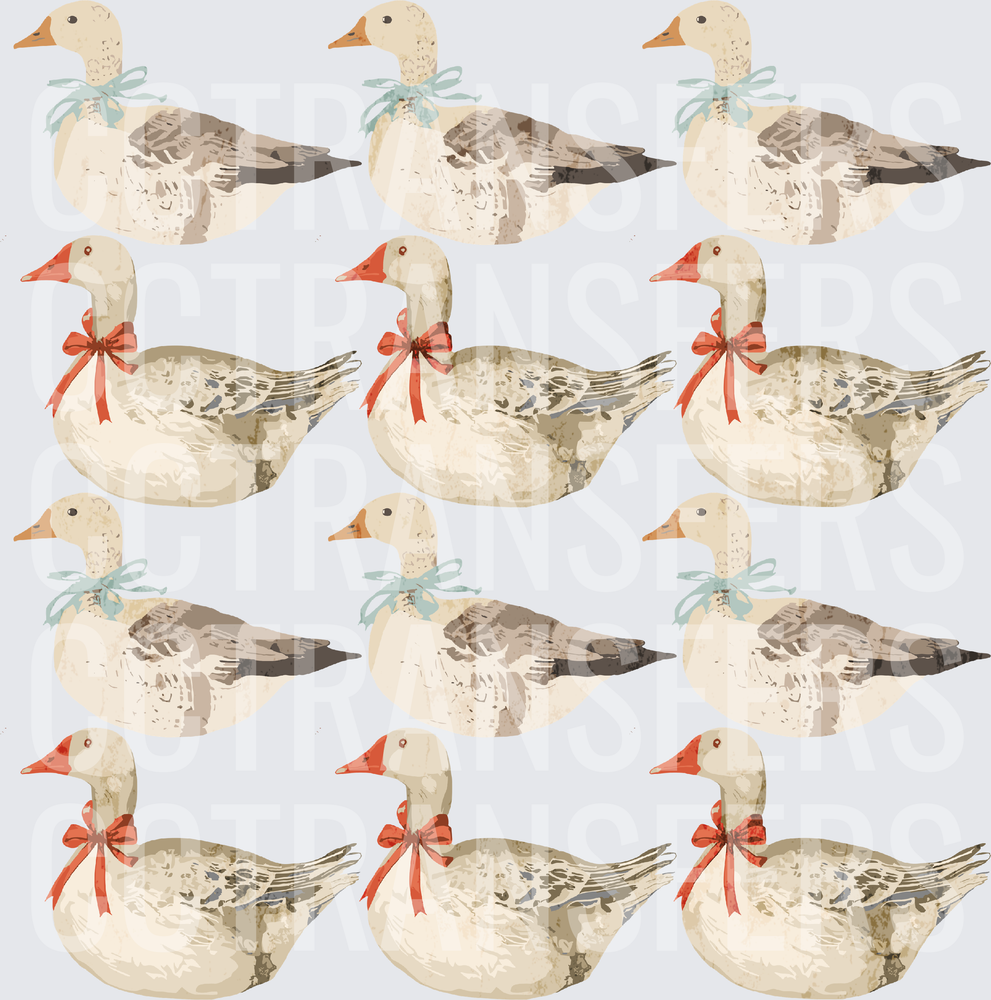 Watercolor Geese with Ribbon Bows Repeat Pattern (DTF)
