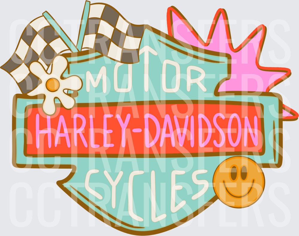 Retro Motor Cycles Shield Checkered Flags Daisy Smiley (DTF)