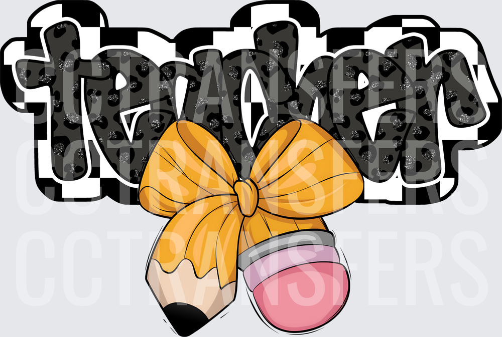 Teacher Leopard Print Text with Gold Bow and Pencil (DTF)