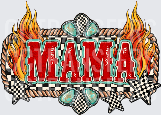 Mama Checkered Flames Turquoise Rope Western Bold (DTF)