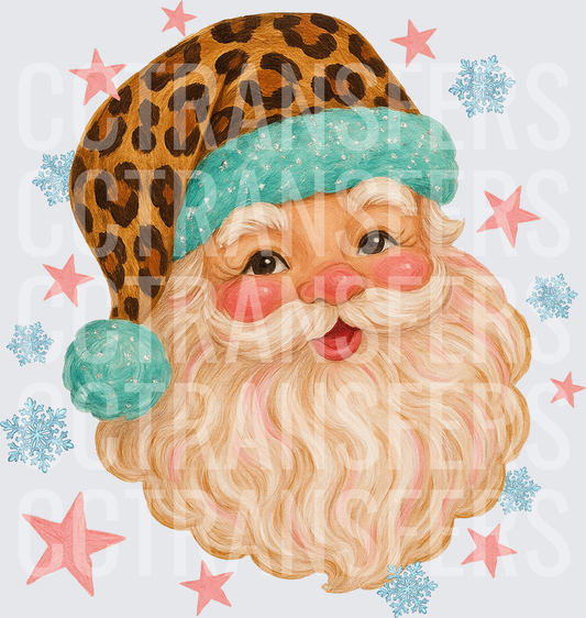 Retro Santa Leopard Print Teal Hat Snowflakes Stars (DTF)