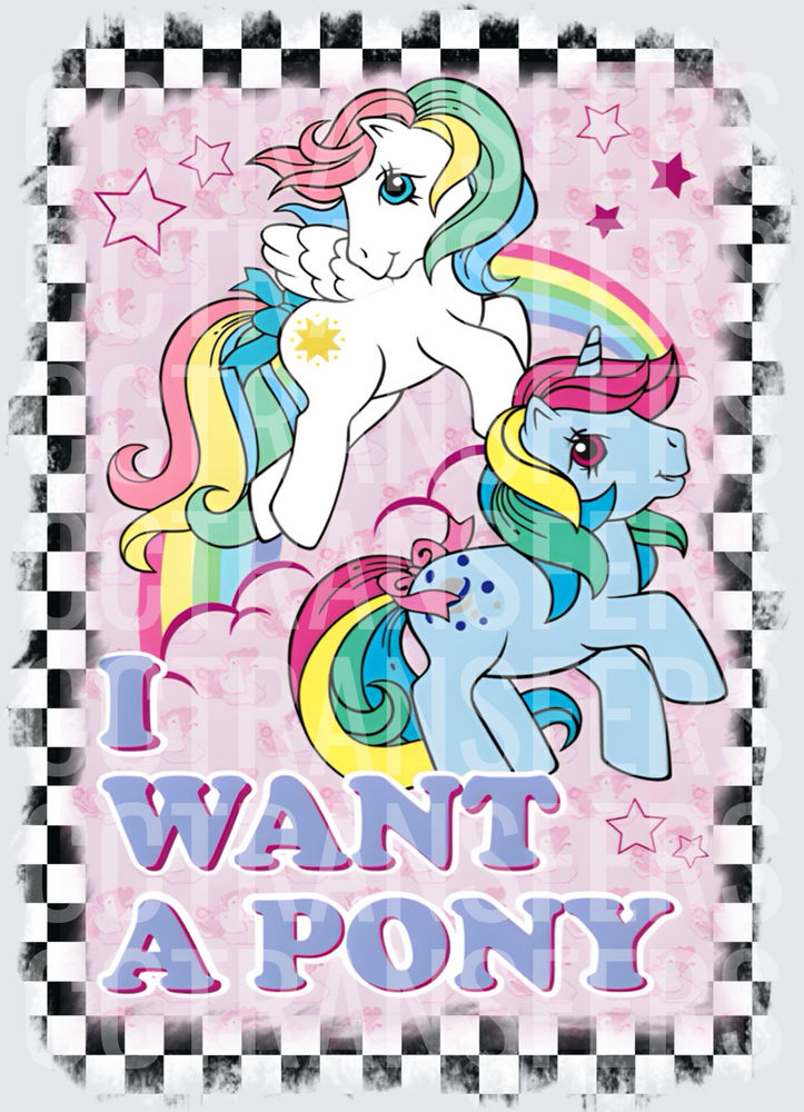 I Want A Pony Retro Cartoon Ponies Rainbow Checkered (DTF)