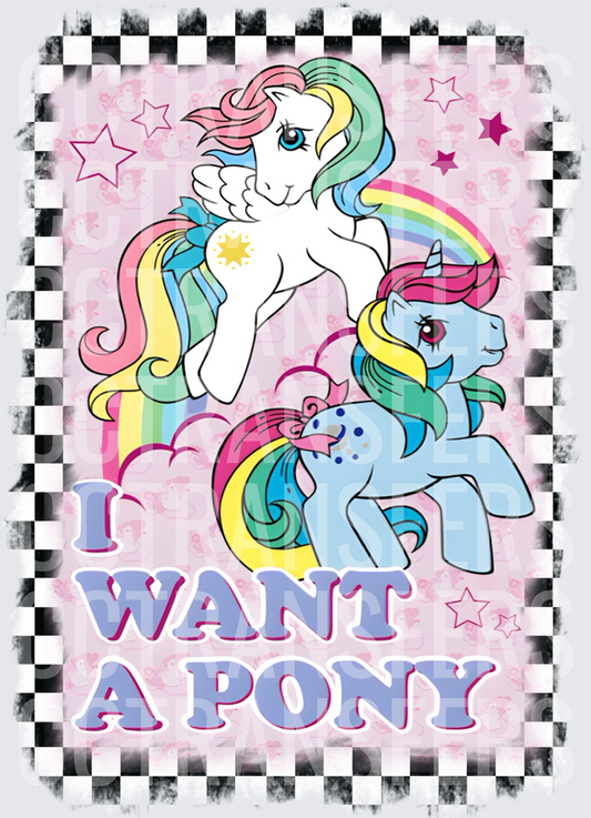 I Want A Pony Retro Cartoon Ponies Rainbow Checkered (DTF)