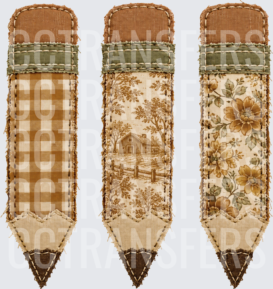 Rustic Patchwork Fabric Pencil Trio Farmhouse Toile Floral (DTF)