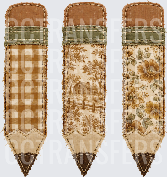 Rustic Patchwork Fabric Pencil Trio Farmhouse Toile Floral (DTF)