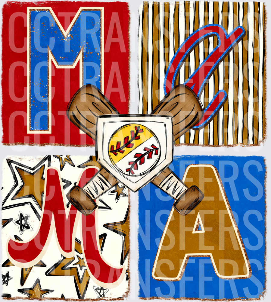 Baseball Mama Crossed Bats Home Plate Stars Design (DTF)