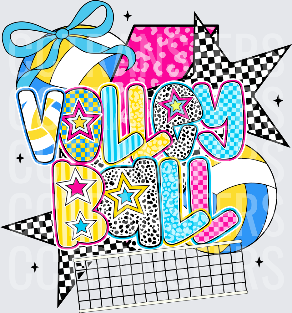 Retro Volleyball Bold Patterned Lettering Blue Bow Stars (DTF)