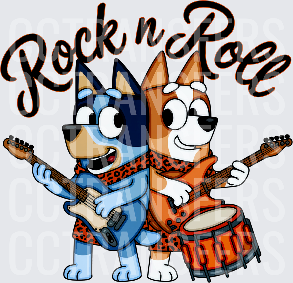 Rock n Roll Cartoon Pups Playing Guitar and Drums (DTF)