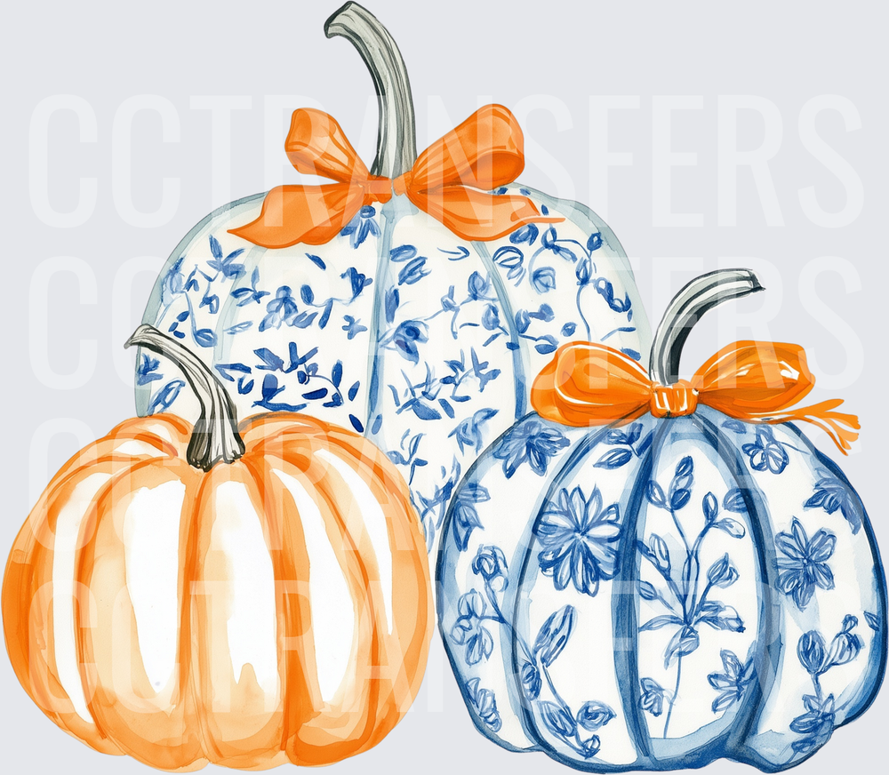 Chinoiserie Blue Floral Pumpkins with Orange Bows (DTF)