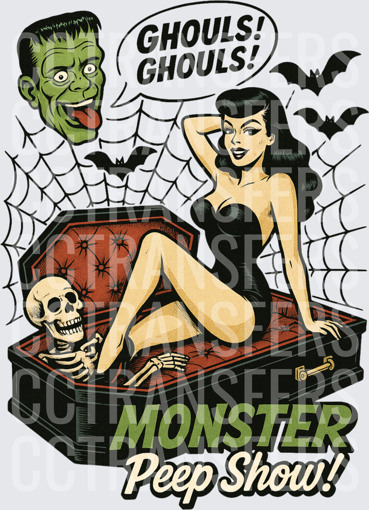 Monster Peep Show Ghouls Pinup Coffin Skeleton Halloween (DTF)