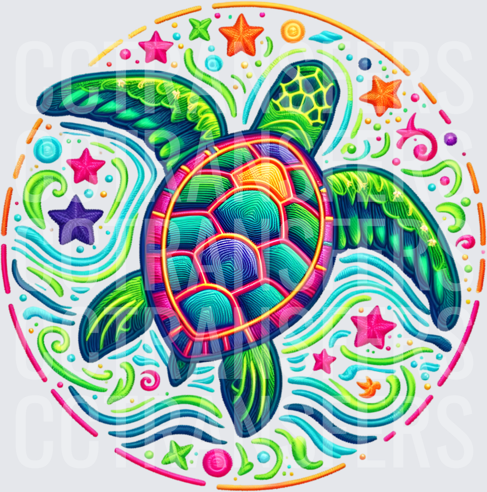 Vibrant Embroidered Sea Turtle Ocean Waves Starfish Circle (DTF)