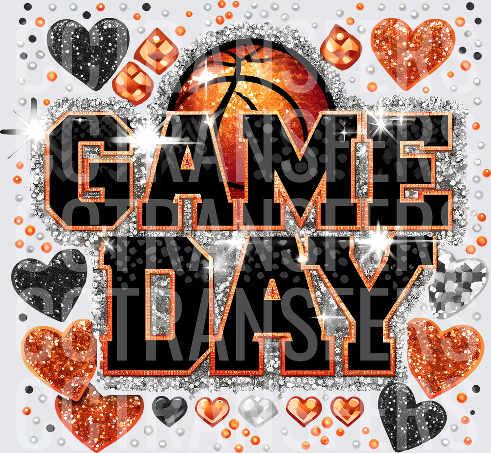 Game Day Basketball Glitter Hearts Orange Black (DTF)