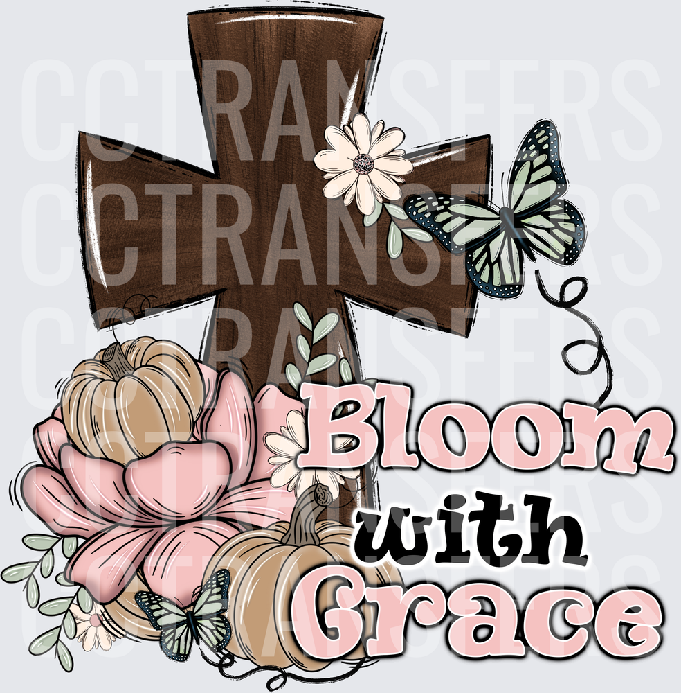 Bloom With Grace Wooden Cross Floral Butterfly Pumpkins (DTF)