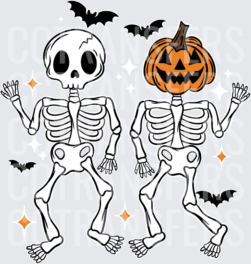 Dancing Skeletons Jack-O-Lantern Head Bats Halloween (DTF)