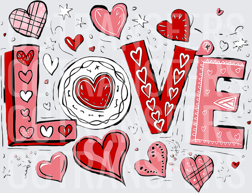 LOVE Doodle Hearts Red Pink Valentine Design (DTF)