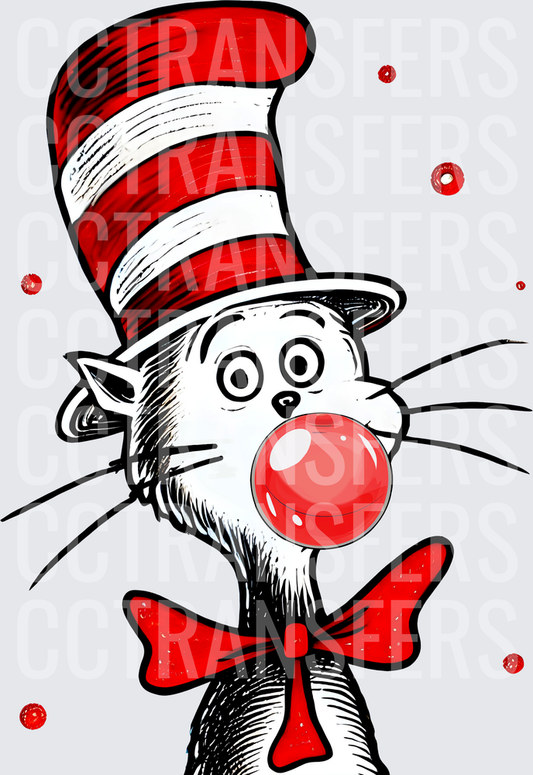 Cartoon Cat Red Striped Top Hat Bow Tie Bubble Gum (DTF)