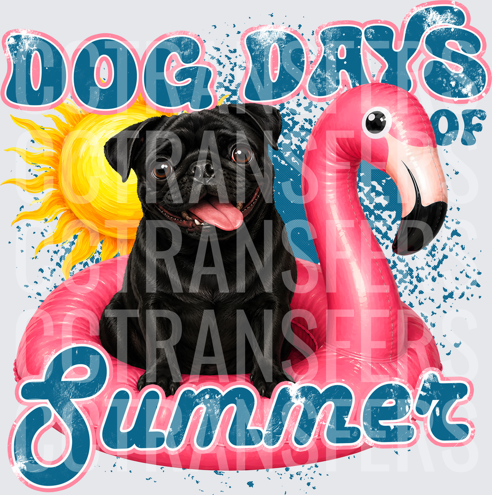 Dog Days of Summer Black Pug on Pink Flamingo Float (DTF)