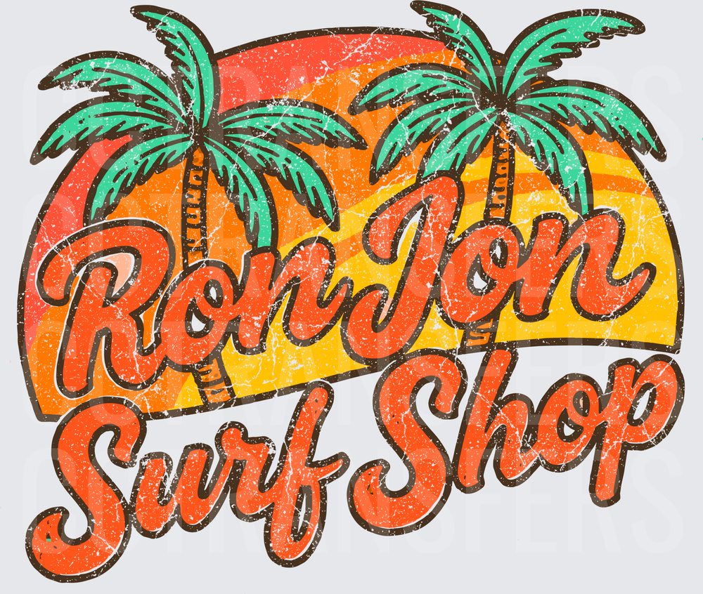 Retro Sunset Palm Trees Surf Shop Script Logo (DTF)
