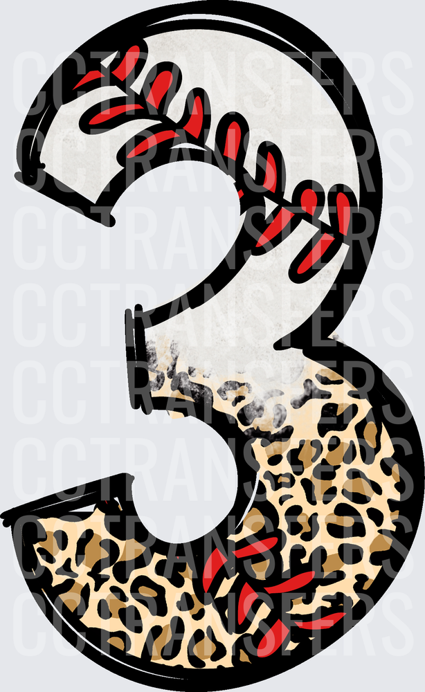 Number 3 Baseball Stitch Leopard Print Split Design (DTF)