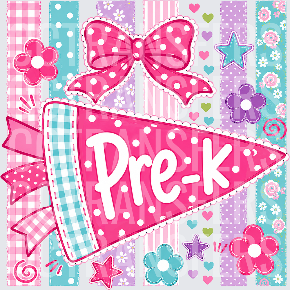 Pre-K Polka Dot Pennant Pink Bow Girls School (DTF)