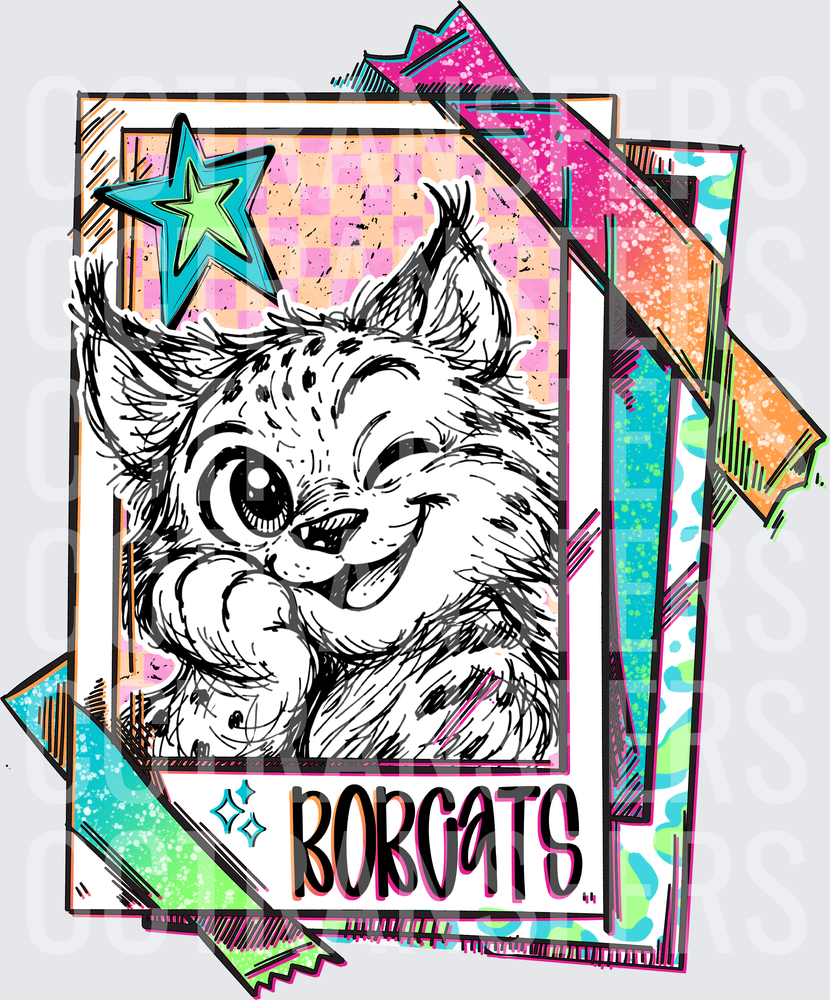 Borgats Winking Cartoon Bobcat Trading Card Retro Neon (DTF)