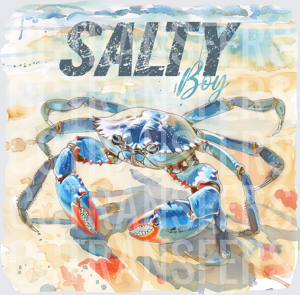 Salty Boy Watercolor Blue Crab Beach Scene (DTF)