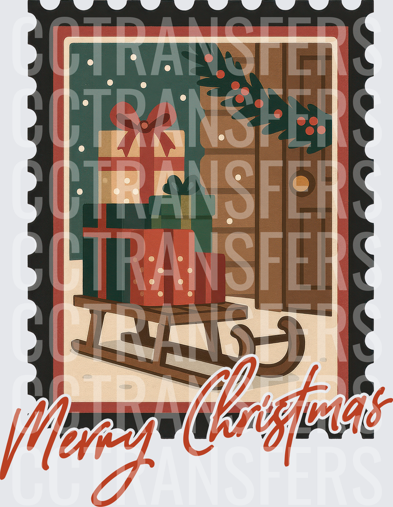 Merry Christmas Vintage Stamp Sled Gifts Doorstep (DTF)