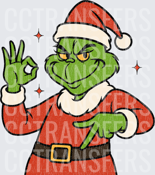 Grinch Santa Suit OK Hand Gesture Retro Distressed (DTF)