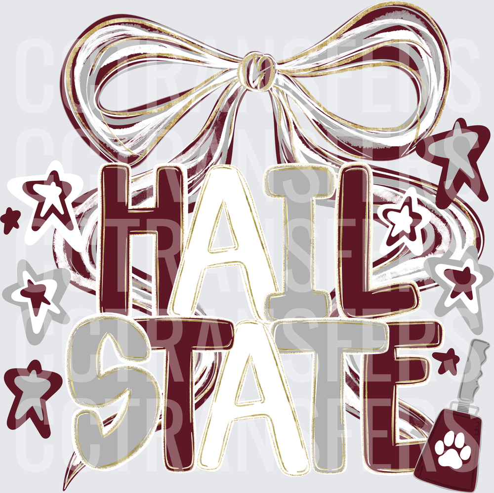 Hail State Maroon Gray Bow Stars Paw Print (DTF)