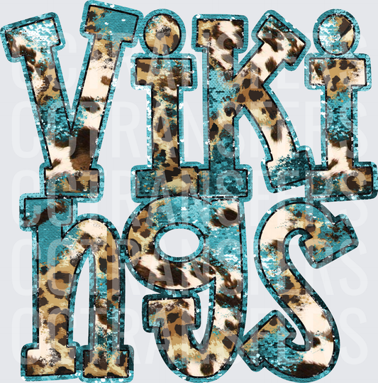 Vikings Teal Sequin Leopard Print Stacked Letters (DTF)
